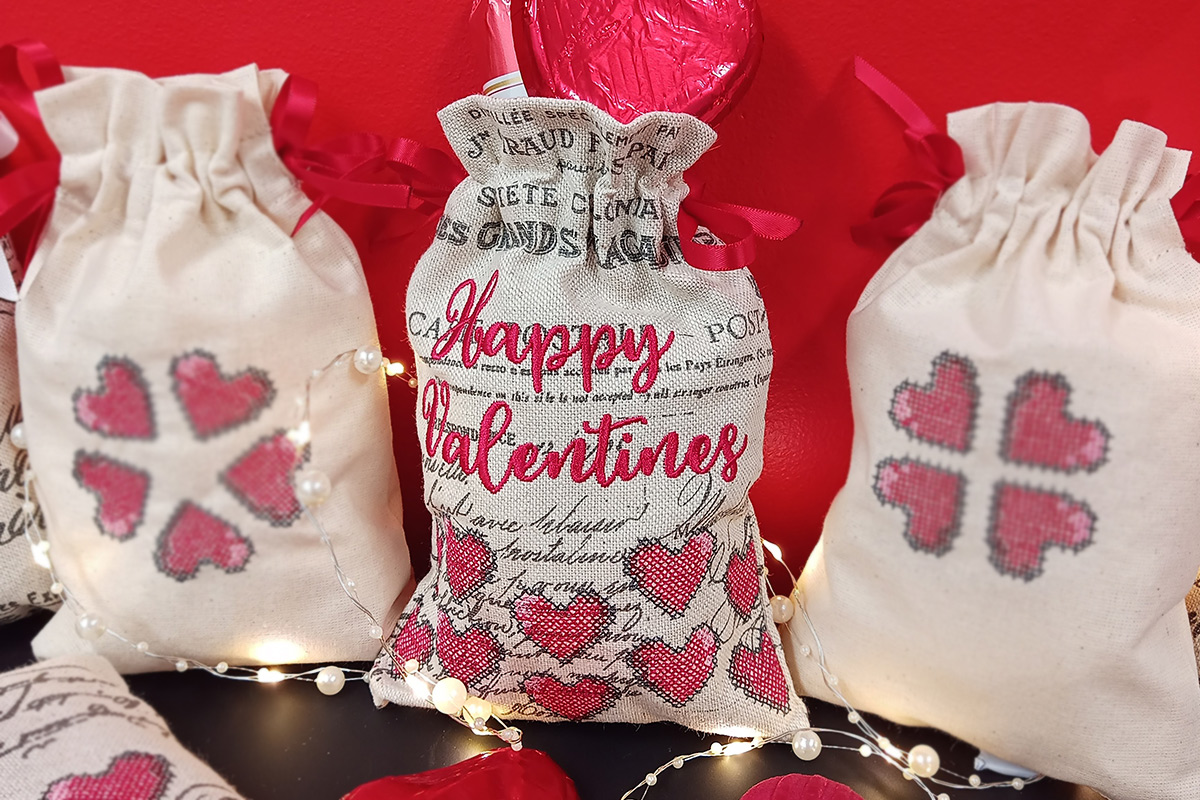 Happy Valentines Cross Stitch Hearts Bag